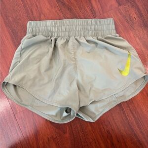 Nike Olive-Style Running Shorts with Yellow Swoosh